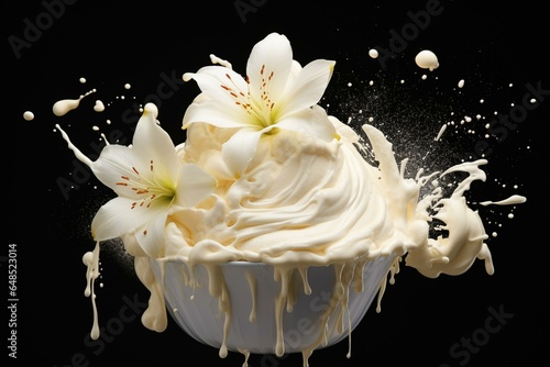 Vanilla flower and ice cream splashes on a white background. Generative AI