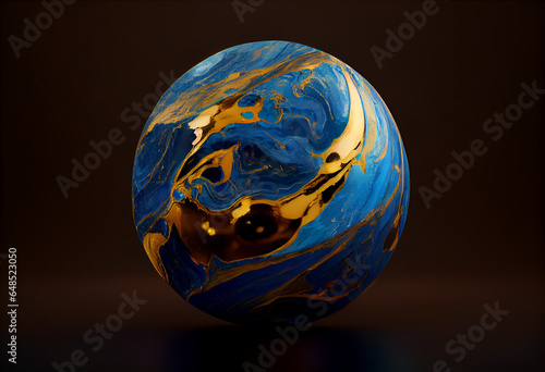 A blue and gold marble with gold accents on it surface.
