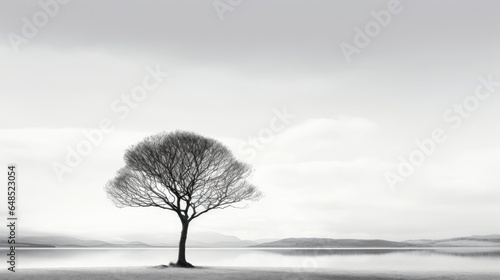 A peaceful, serene lone tree stands against a minimalist backdrop. Soft, diffused natural lighting adds to the tranquil and calm atmosphere of this minimalist landscape.
