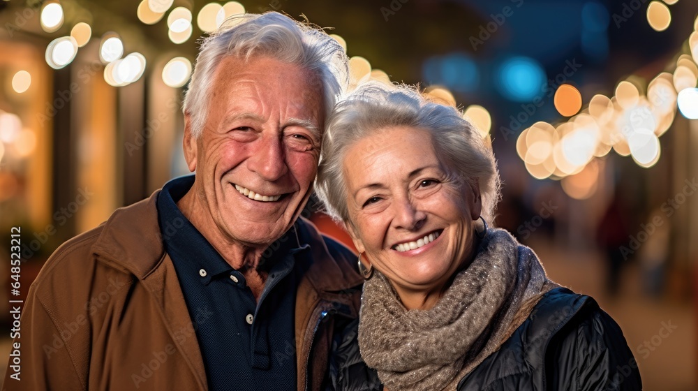 Middle-aged couple poses happily hugging Middle-aged couple poses happily hugging