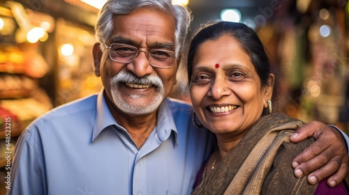 Middle-aged Indian couple poses happily hugging