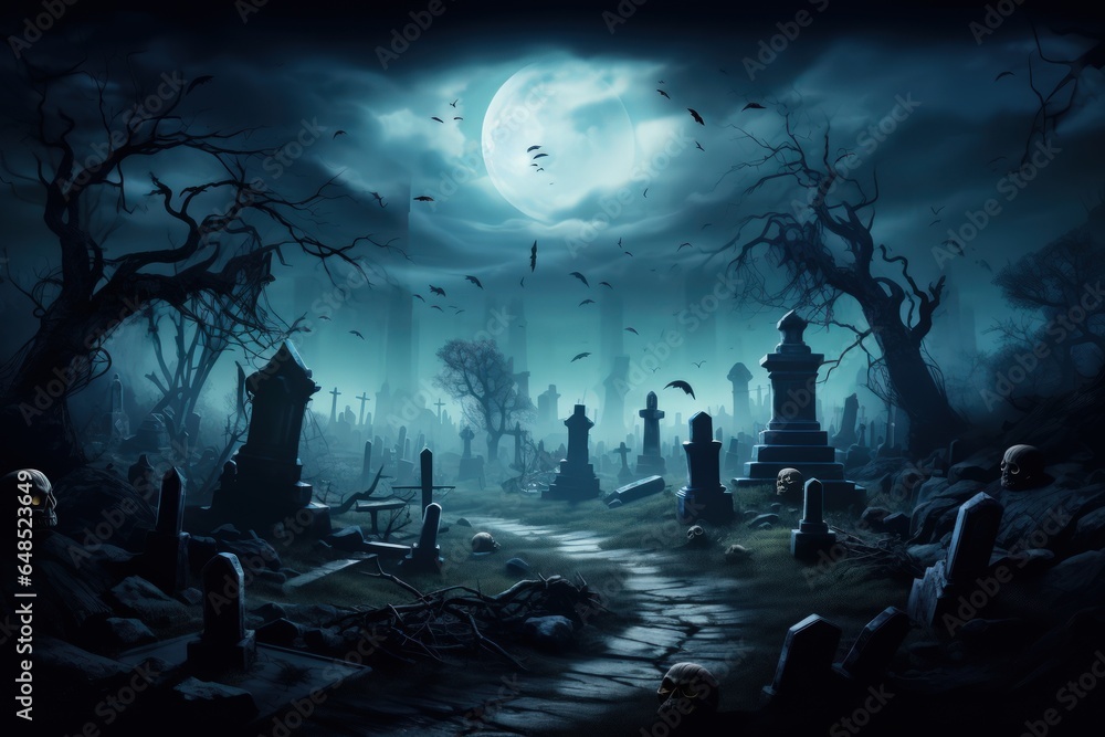Fototapeta premium The Halloween background - an old abandoned cemetery with lopsided tombstones on a full moon.