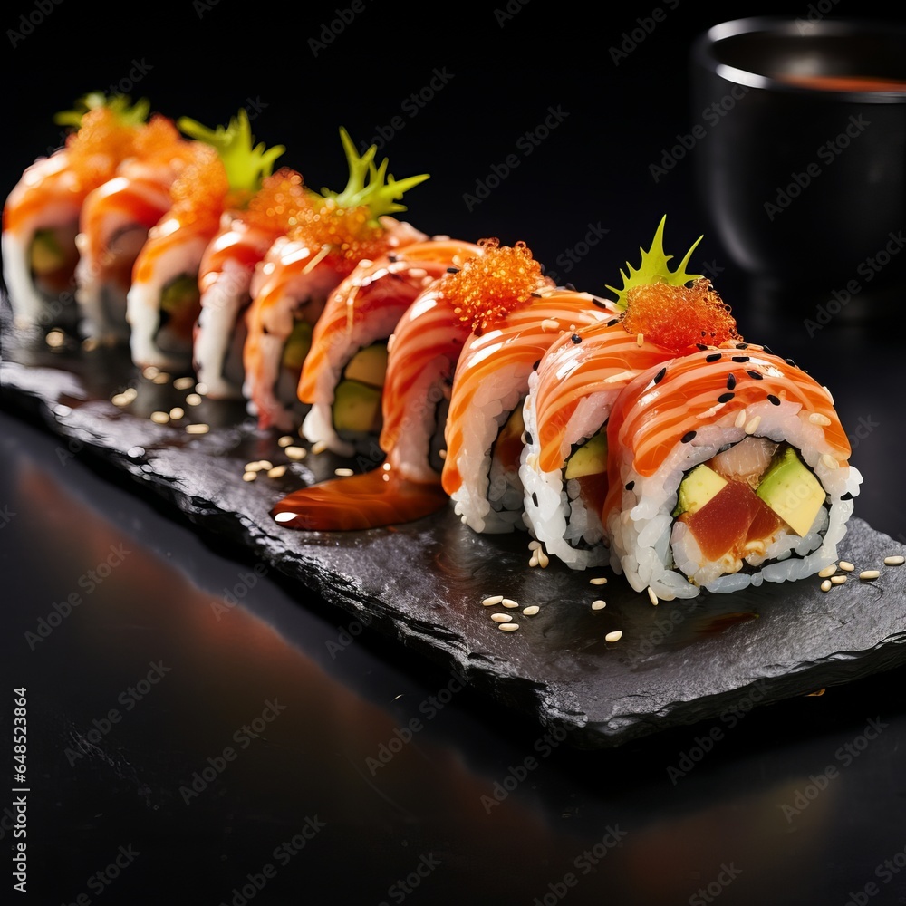 Fresh Philadelphia sushi roll set on a dark background