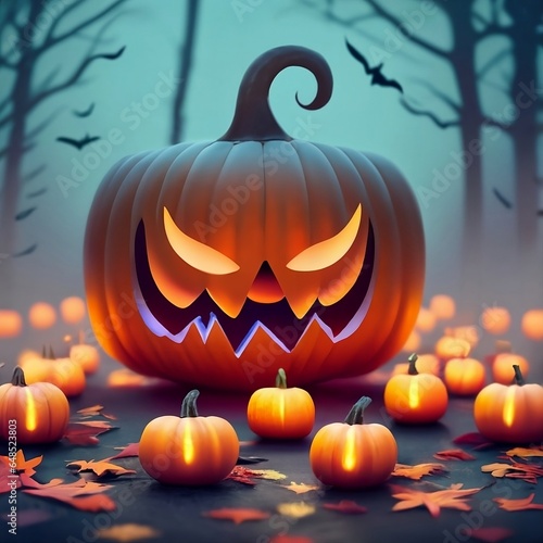 Halloween Pumpkin at Forest foggy: #Halloween,#Spooky,#Pumpkin,#HauntedHouse,#Fog,#EerieAtmosphere,#AbandonedHouses,#Nightmare,#Spooky,#HauntedHalloween, #HorrorScenes,#HalloweenDecor photo