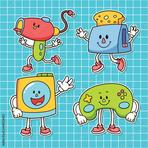 Cartoon sticker set of electronic and gadget in hand drawn style