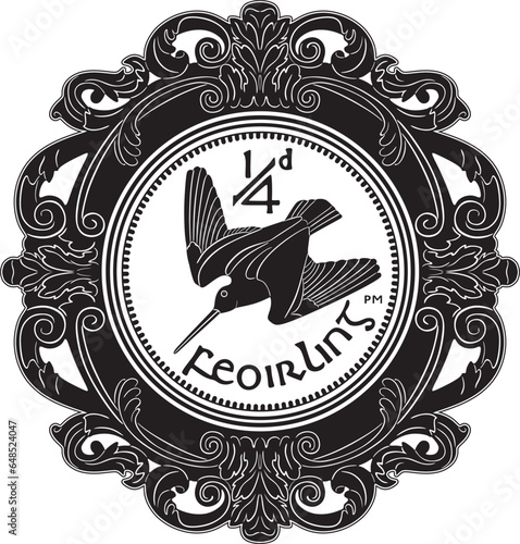 Ireland coin quarter of a penny 1928-1937 with vintage frame. Vector design silhouette.