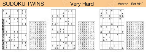A set of 3 very hard scalable sudoku twins puzzles suitable for kids, adults and seniors and ready for web use, or to be compiled into a standard or large print activity book.