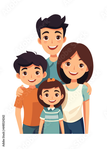 Portrait of happy family with children, mother, father, daughter and son isolated on white background. Parents scene. Colored flat vector illustration
