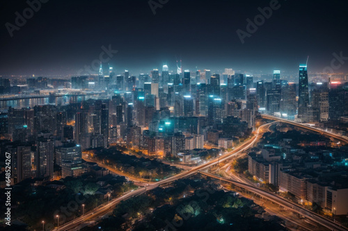 Scenic nighttime skyline of big cmodern city with illuminated skyscrapers. 