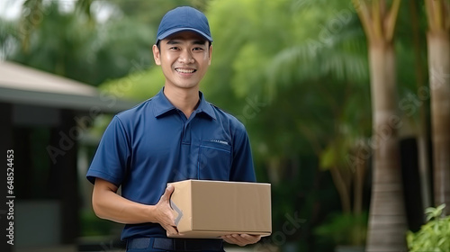 Asian deliver man in blue uniform holding box standing in front of customer home. © Sasint