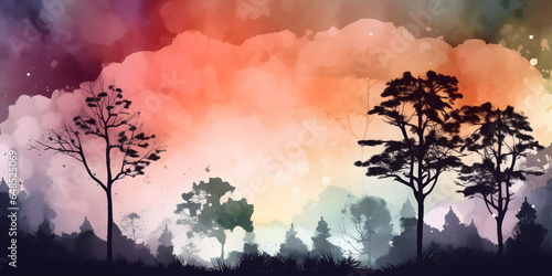 dreamy background with a watercolor sky and silhouetted t generative AI © NAWKO