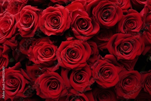 Detailed view of deep red roses. Generative AI
