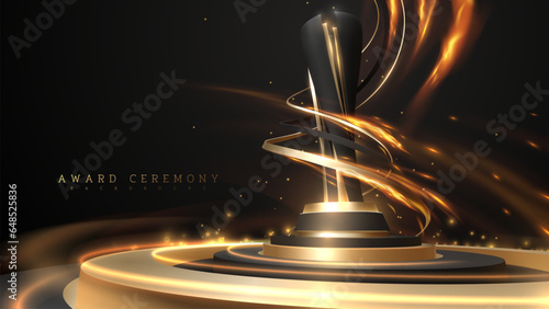 3d gold trophy on black podium with ribbon elements and hot fire decorations with glitter light effects and bokeh. Luxury award ceremony background. Vector illustration.