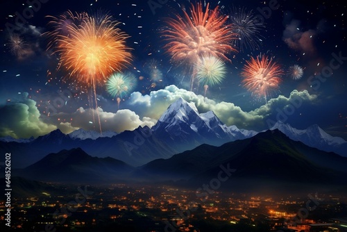 Stunning nighttime fireworks over a magnificent mountain range. Generative AI