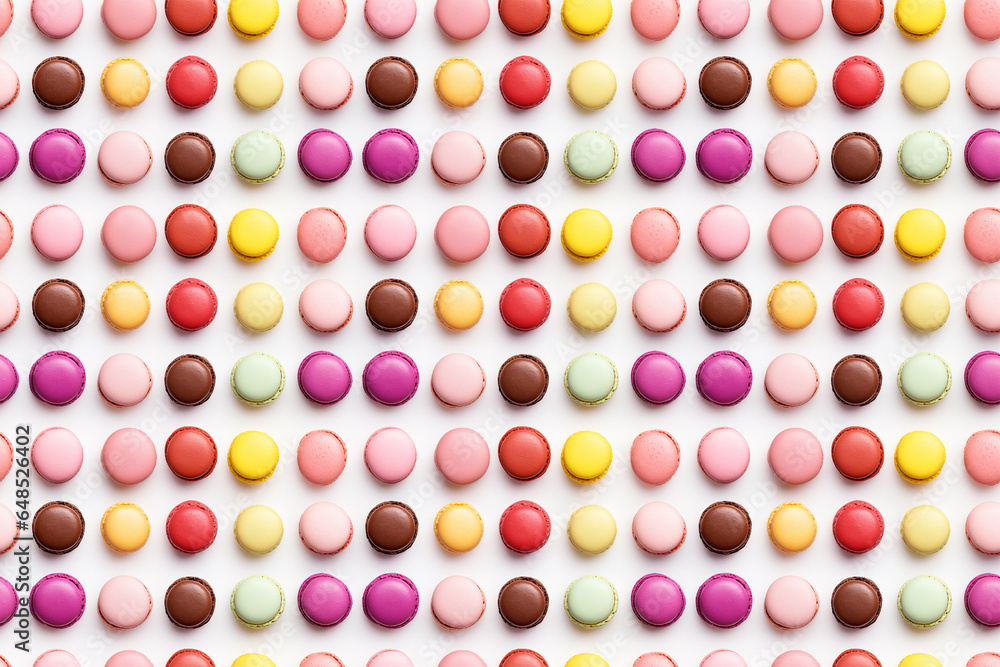 Colorful macarons laid out evenly on a white background. Tasty fun snacks. Repeating seamless image. Colorful macarons laid out evenly on a white background. Tasty fun snacks. Repeating seamless image.