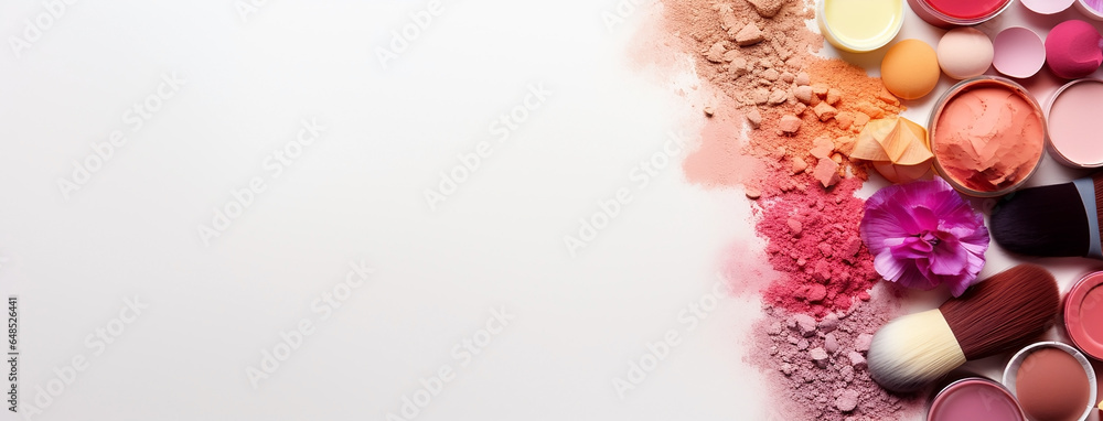 colorful foundation powders on a table wide banner with empty space at the left side colorful foundation powders on a table wide banner with empty space at the left side
