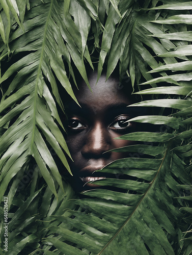 A black woman's face partially obscured by jungle foliage. Inspired by fine art photography.