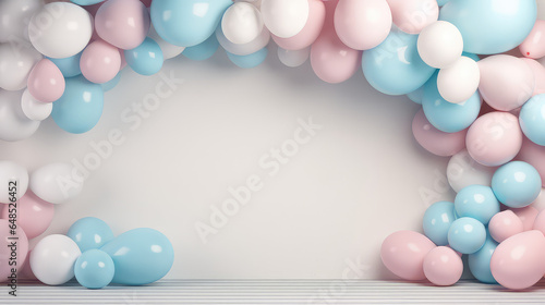 Empty frame Balloon arch background in pastel light colors, balloons party backdrop template with copy space for text. 