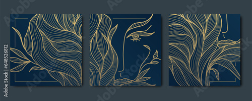 Vector set of floral templates, beauty cards, backgrounds. Square banners, frames, premuim gold patterns in japanese style. Woman face drawing. Cosmetics, care products package