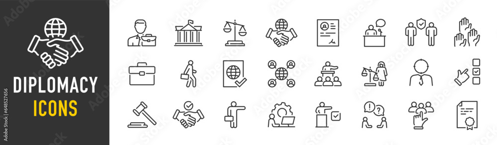 Diplomacy web icons in line style. Political, ambassador, doplomat, consulate, government, collection. Vector illustration. - obrazy, fototapety, plakaty 