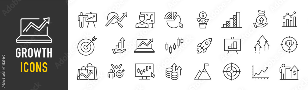 Growth web icons in line style. Target, graph, investment, performance, profit, collection. Vector illustration. Growth web icons in line style. Target, graph, investment, performance, profit, collection. Vector illustration.