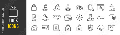 Lock web icons in line style. Security, safe, document, unlock, protection, issue, collection. Vector illustration.