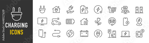 Charging web icons in line style. Charging, charging station, battery, electricity, wireless charging, electric car, collection. Vector illustration.