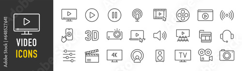 Video web icons in line style. Camera, play, film, cinema, live, media, collection. Vector illustration.