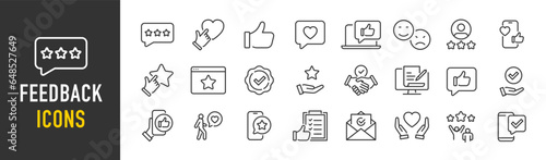 Feedback web icons in line style. Testimonials, like, comment, marketing, survey, confirmation, collection. Vector illustration.