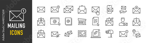 Mailing web icons in line style. Email, text, post office, mail, mailbox, collection. Vector illustration.
