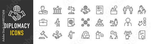 Diplomacy web icons in line style. Political, ambassador, doplomat, consulate, government, collection. Vector illustration. photo