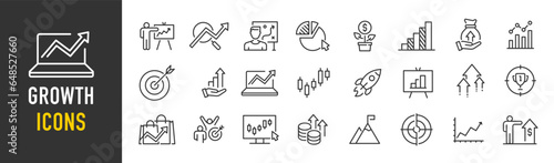 Growth web icons in line style. Target, graph, investment, performance, profit, collection. Vector illustration.