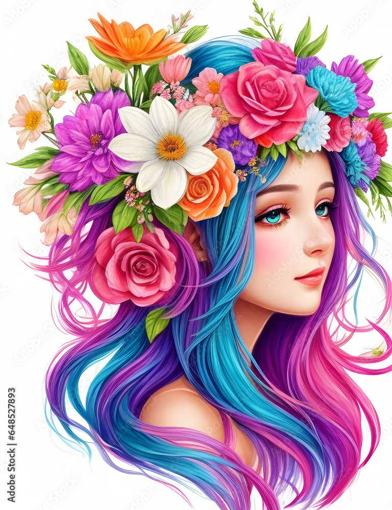 Fototapeta premium Beautiful Girl Colorful Flowers on Head Drawing Cartoon Illustration 