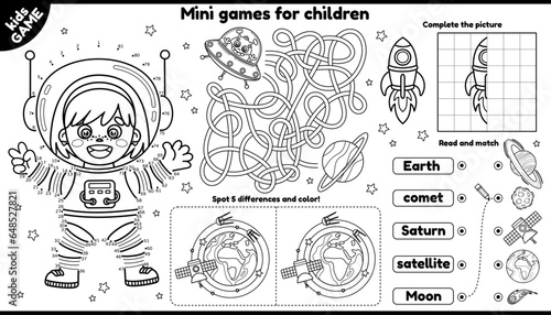 Vector space games placement for children. Kids outline set with cartoon girl astronaut, rocket, planets. Play and coloring. Activity page with mini-games. Connect the dots, find differences and other