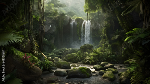 Exotic adventure a tropical jungle with a hidden waterfal three generative AI