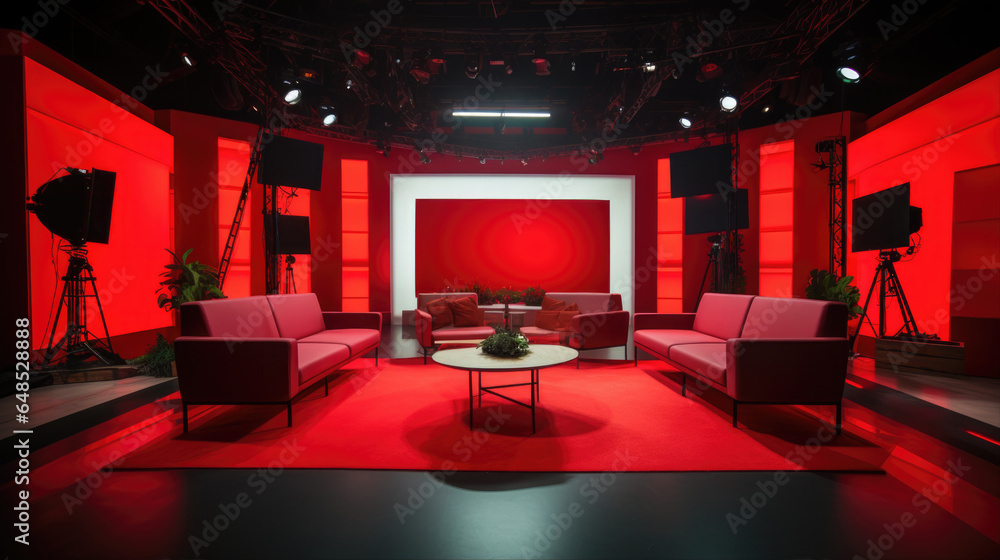 news studio with red ornaments - obrazy, fototapety, plakaty 