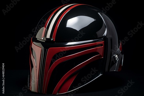 A dark helmet featuring a vertical stripe in a contrasting color. Generative AI