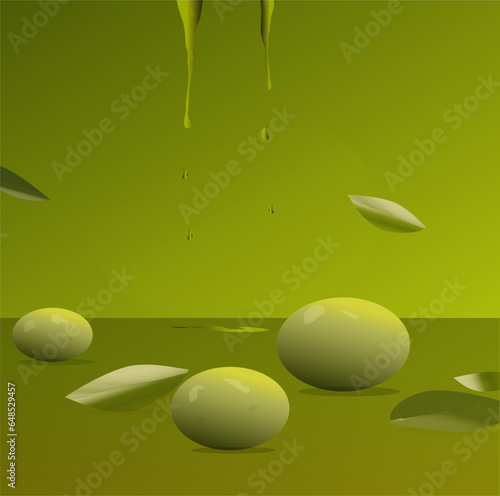 olives and leaves on green background. 