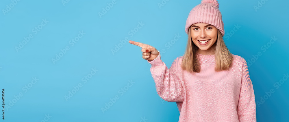 Portrait of a young smiling woman in knitted fashionable hat isolated on a flat blue background. Woman points her finger. Creative banner template for knitted hats store.  - obrazy, fototapety, plakaty 