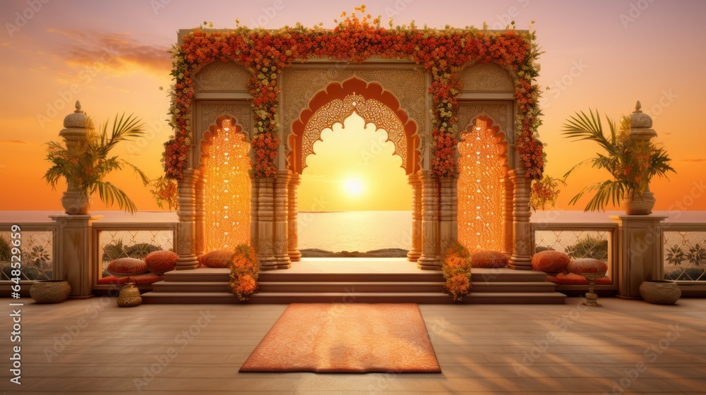 illustration of an Indian wedding arch set against a magnificent backdrop illustration of an Indian wedding arch set against a magnificent backdrop