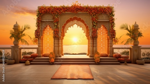 illustration of an Indian wedding arch set against a magnificent backdrop