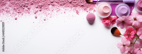 Pink and rose banner with color makeup powder lay on white table © Sudarshana