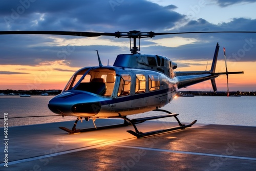 Luxury luxurious business helicopter private heli chopper on landing pad fast transportation success journey rich wealth corporate flight fly flying sky ground horizon sun clouds landing style stylish