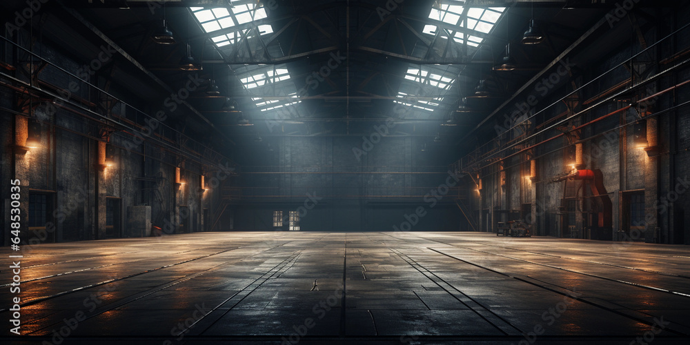 Empty large factory building with sunrays - obrazy, fototapety, plakaty 