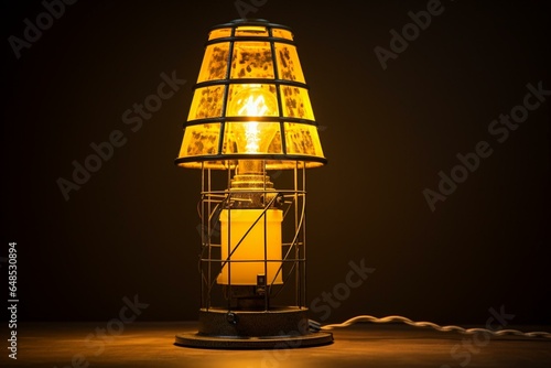 Yellow lighthouse lamp atop metal frame. Generative AI