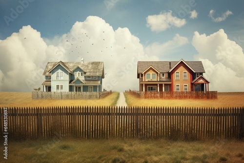 houses divided by a fence. Generative AI