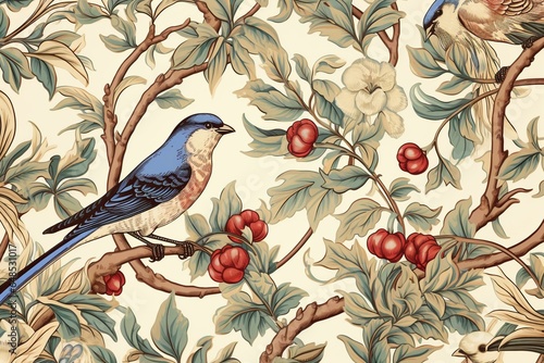 Vintage birds in foliage seamless pattern on light beige background in William Morris style. Generative AI