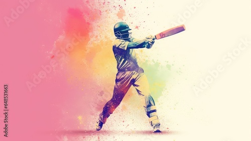 Action moment of a cricket player hits a ball in the style of speed painting. Colorful poster art on white canvas. Generative AI