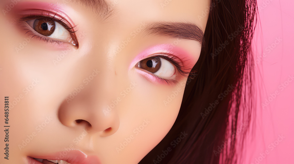 Creative close-up portrait of young Asian woman face on pink background with copy space. Female face with perfect smooth skin, Korean facial cosmetics. Creative close-up portrait of young Asian woman face on pink background with copy space. Female face with perfect smooth skin, Korean facial cosmetics.