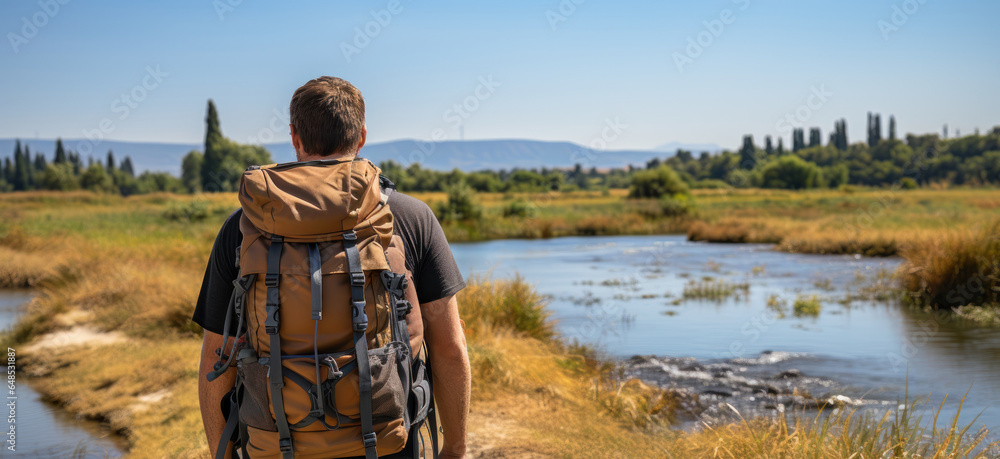 Rear view photo of a backpacker man